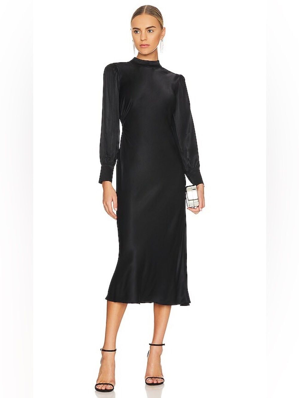 NWT Rails Carmel Black Satin Midi Dress with Puff Sleeves XXS
